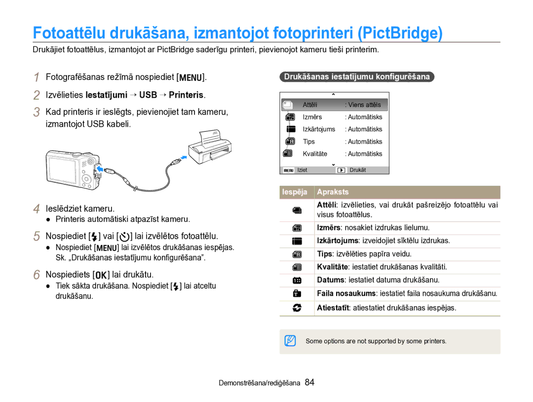 Samsung EC-WB600ZBPBRU Fotoattēlu drukāšana, izmantojot fotoprinteri PictBridge, Izvēlieties Iestatījumi ¢ USB ¢ Printeris 