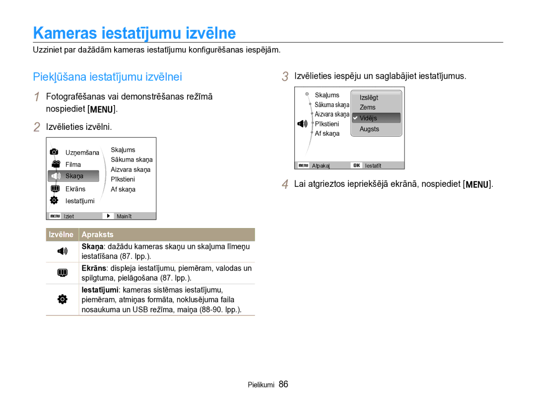 Samsung EC-WB600ZBPBRU, EC-WB600ZBPBE2 manual Kameras iestatījumu izvēlne, Piekļūšana iestatījumu izvēlnei, Izvēlne Apraksts 