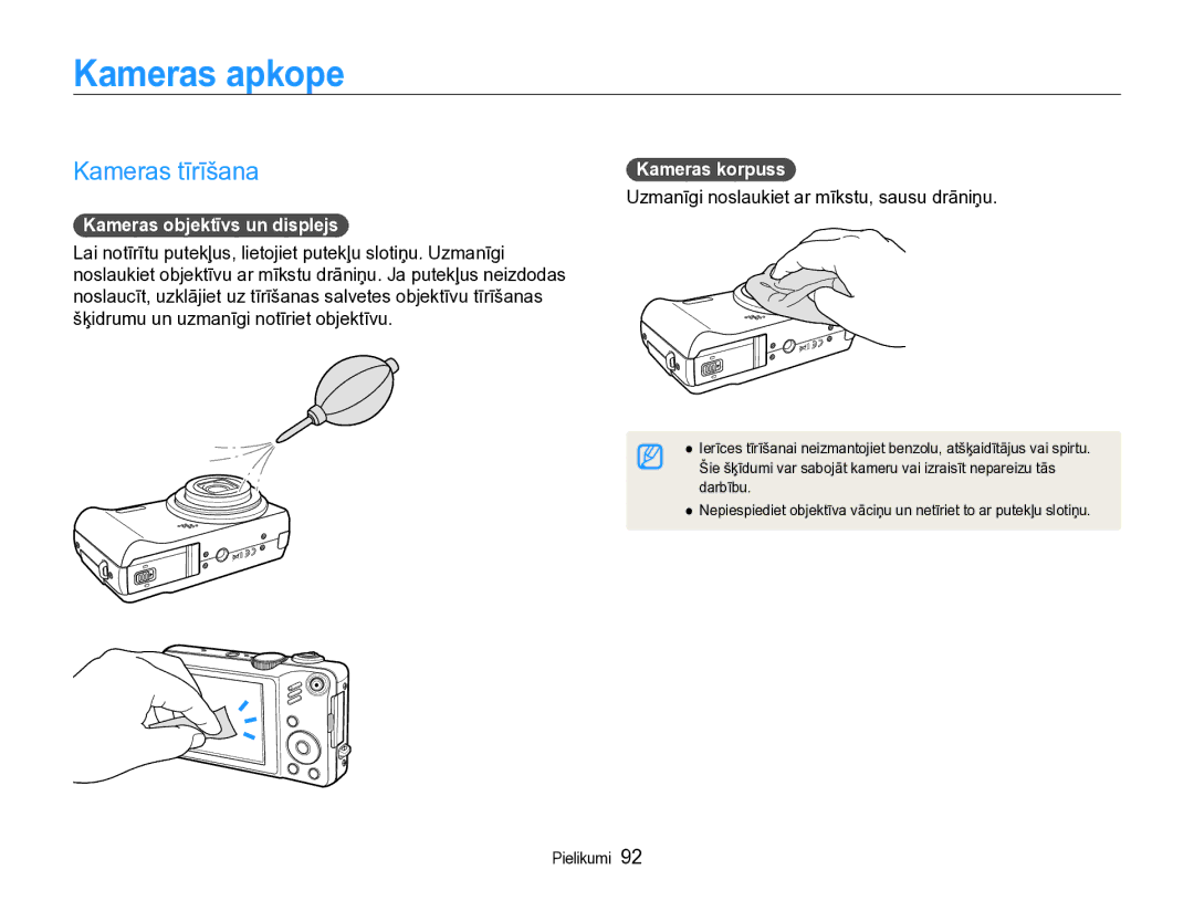 Samsung EC-WB600ZBPBRU, EC-WB600ZBPBE2 Kameras apkope, Kameras tīrīšana, Kameras objektīvs un displejs, Kameras korpuss 