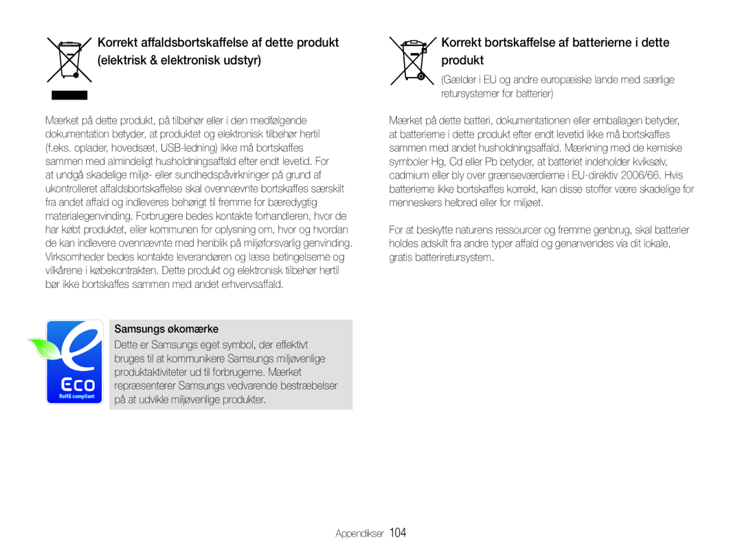 Samsung EC-WB610ZBDBE2, EC-WB600ZBPBE2 manual Korrekt bortskaffelse af batterierne i dette produkt, Samsungs økomærke 