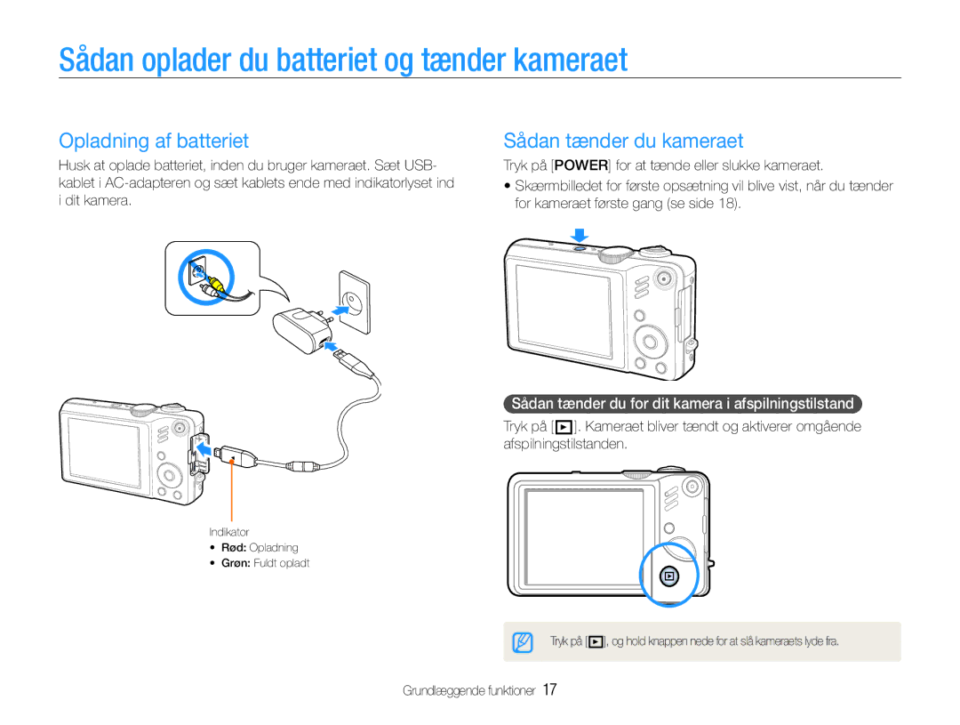 Samsung EC-WB600ZBPBE2 Sådan oplader du batteriet og tænder kameraet, Opladning af batteriet, Sådan tænder du kameraet 