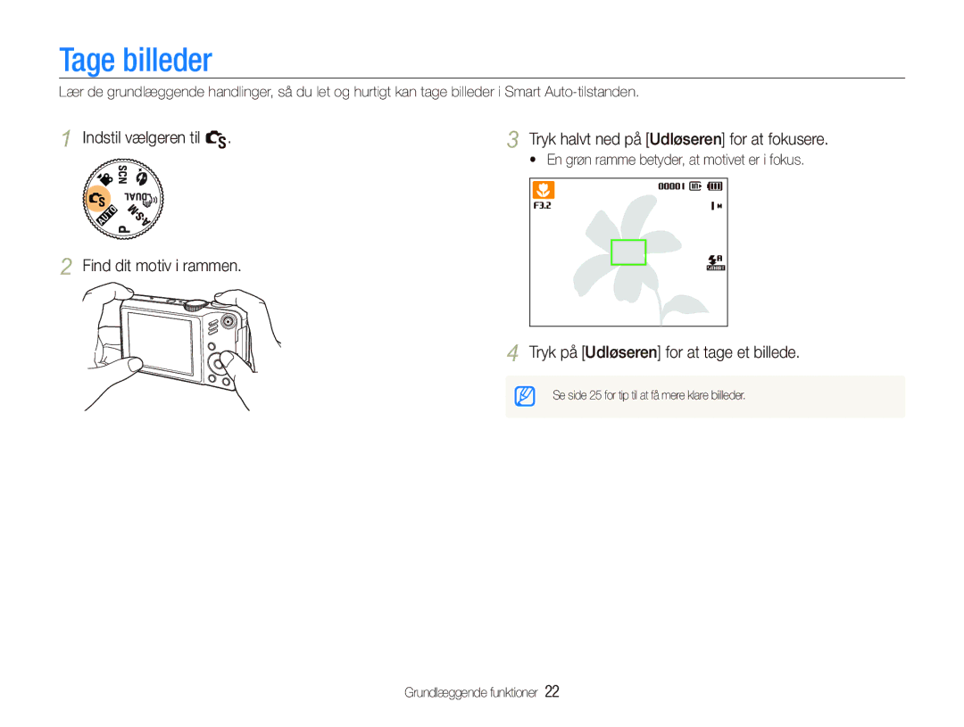 Samsung EC-WB610ZBDBE2, EC-WB600ZBPBE2 manual Tage billeder,  En grøn ramme betyder, at motivet er i fokus 