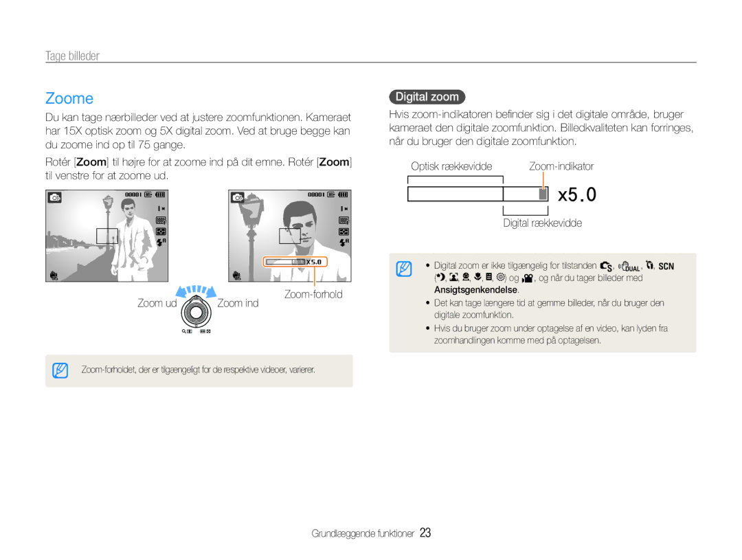 Samsung EC-WB600ZBPBE2, EC-WB610ZBDBE2 manual Zoome, Tage billeder, Digital zoom, Digital rækkevidde 