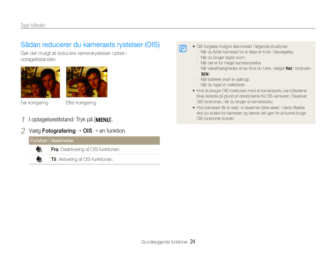 Samsung EC-WB610ZBDBE2, EC-WB600ZBPBE2 manual Sådan reducerer du kameraets rystelser OIS, Optagelsestilstand Tryk på m 