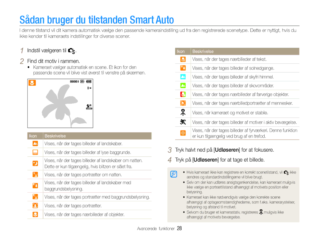 Samsung EC-WB610ZBDBE2 manual Sådan bruger du tilstanden Smart Auto, Indstil vælgeren til S Find dit motiv i rammen 