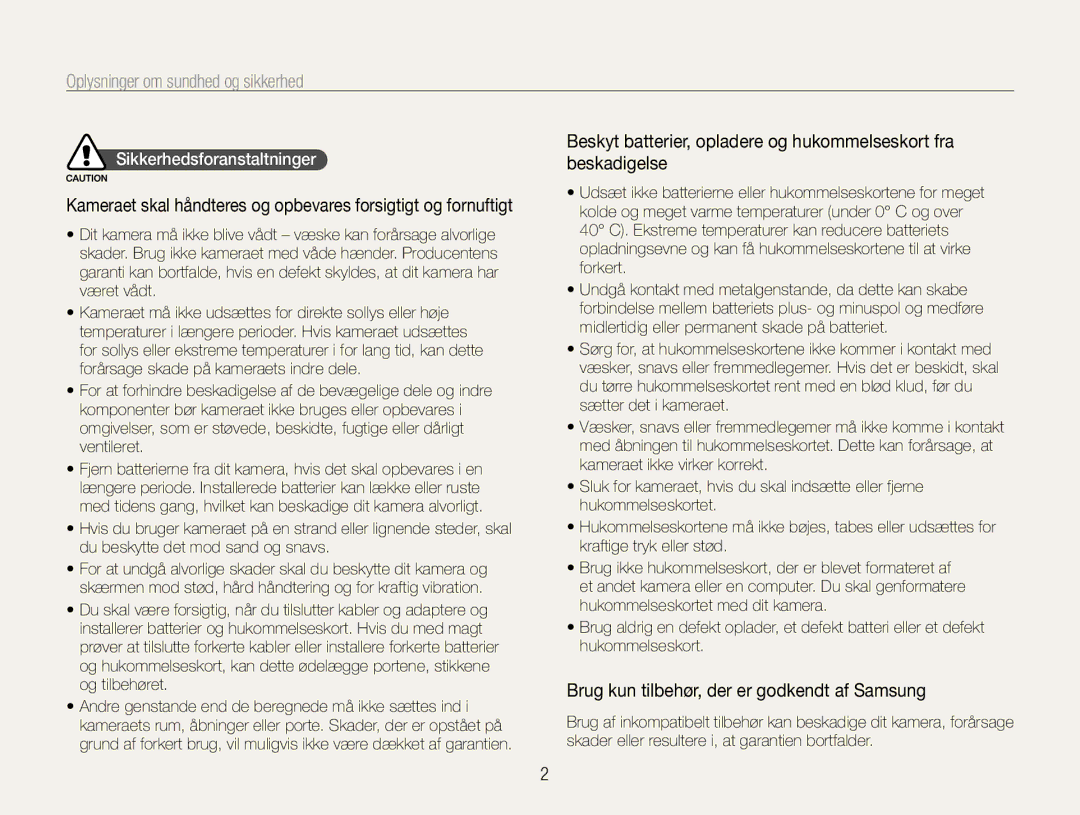 Samsung EC-WB610ZBDBE2, EC-WB600ZBPBE2 Oplysninger om sundhed og sikkerhed, Brug kun tilbehør, der er godkendt af Samsung 