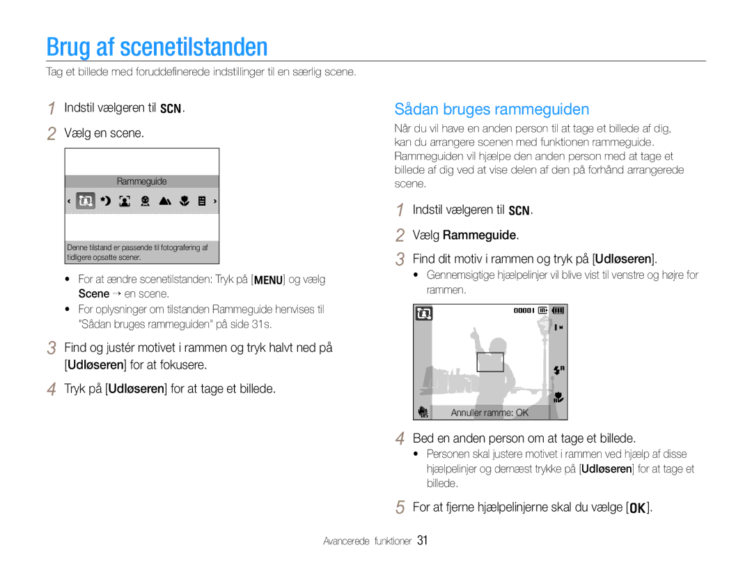 Samsung EC-WB600ZBPBE2 manual Brug af scenetilstanden, Sådan bruges rammeguiden, Indstil vælgeren til s Vælg en scene 