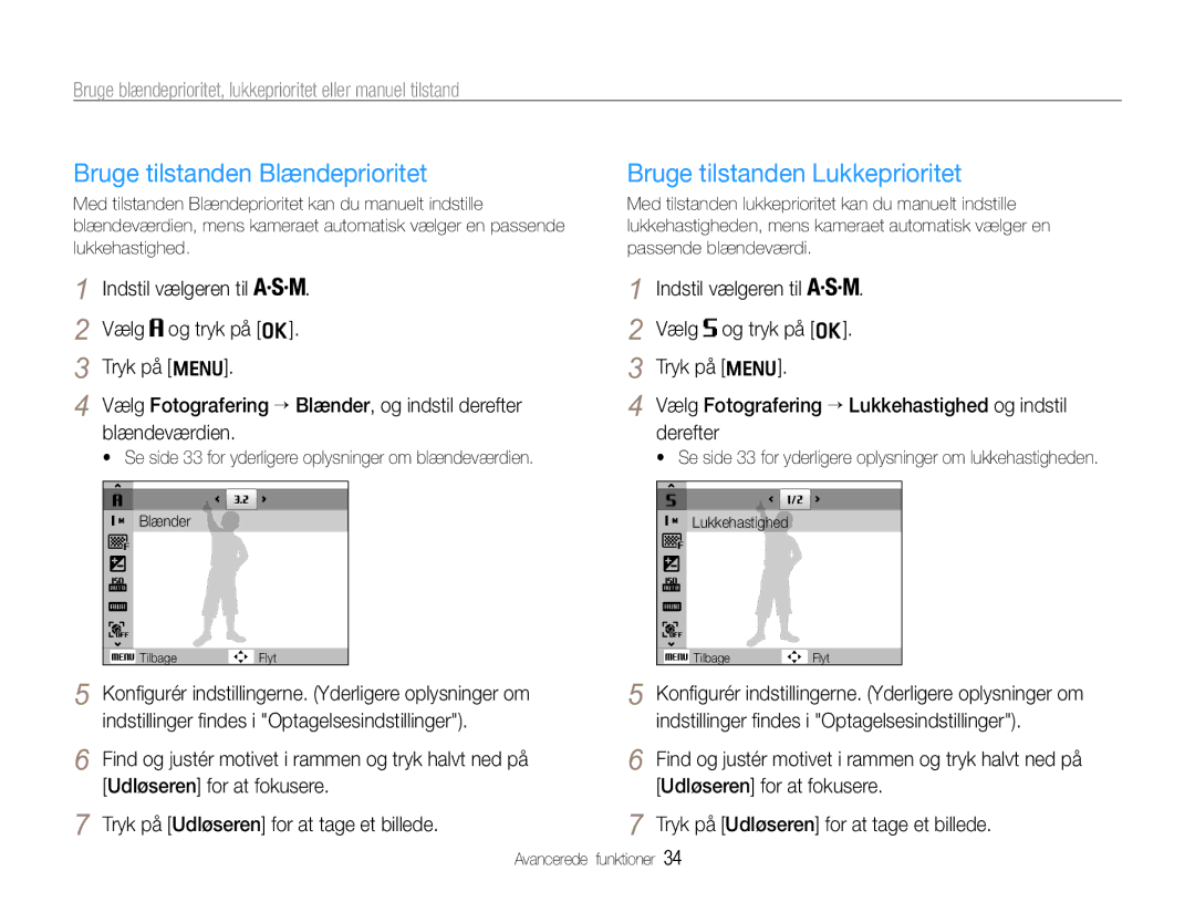 Samsung EC-WB610ZBDBE2, EC-WB600ZBPBE2 manual Bruge tilstanden Blændeprioritet, Bruge tilstanden Lukkeprioritet 