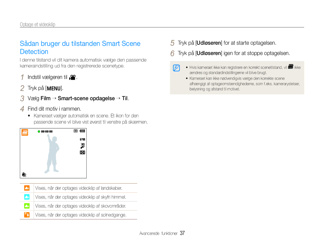 Samsung EC-WB600ZBPBE2, EC-WB610ZBDBE2 manual Sådan bruger du tilstanden Smart Scene Detection, Optage et videoklip 