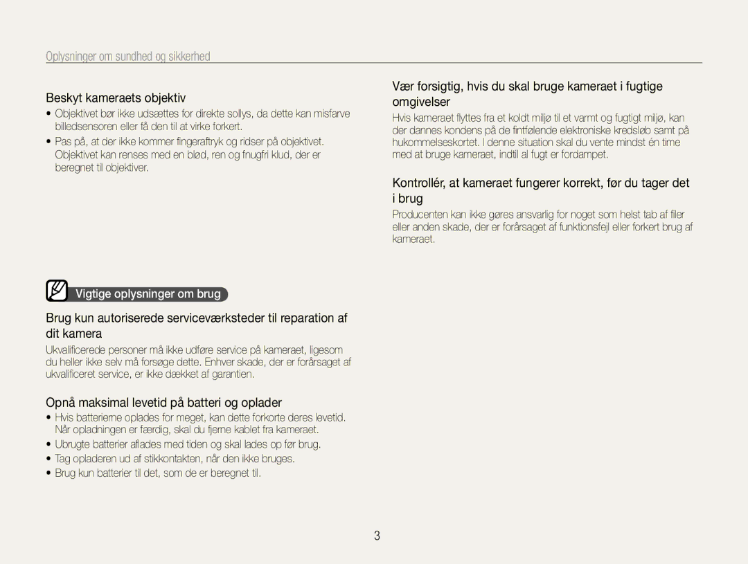 Samsung EC-WB600ZBPBE2 Beskyt kameraets objektiv, Opnå maksimal levetid på batteri og oplader, Vigtige oplysninger om brug 