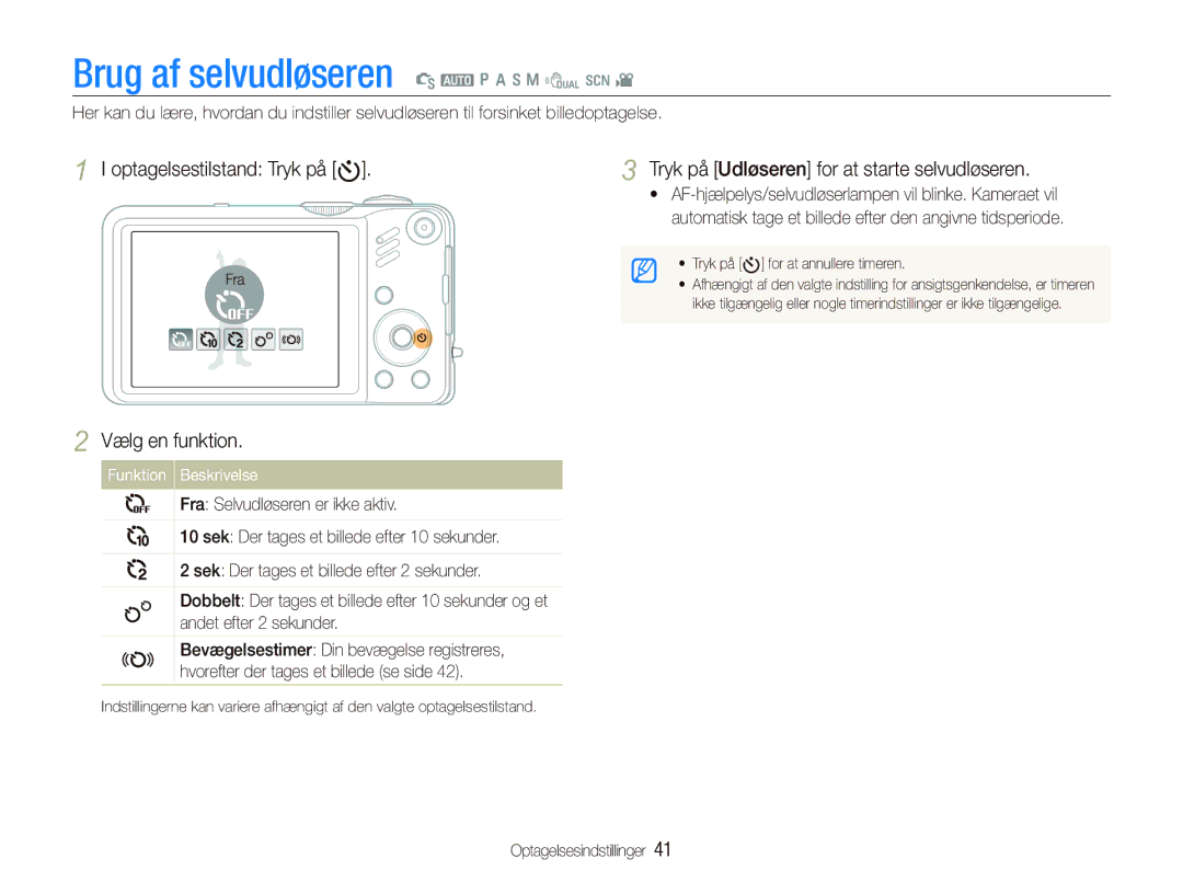 Samsung EC-WB600ZBPBE2 manual Brug af selvudløseren S a p a h n d s, Optagelsestilstand Tryk på t, Vælg en funktion 