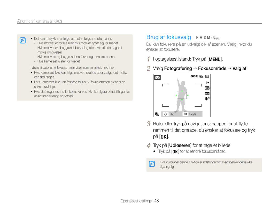 Samsung EC-WB610ZBDBE2, EC-WB600ZBPBE2 manual Brug af fokusvalg p a h n d 