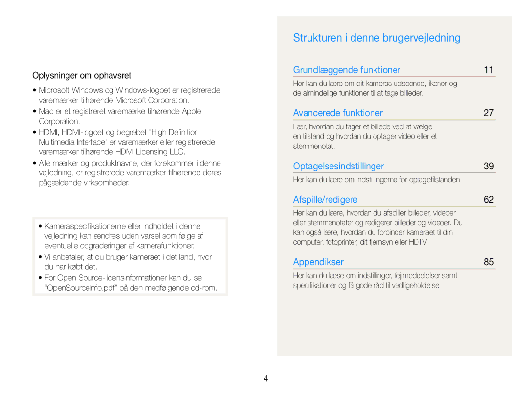 Samsung EC-WB610ZBDBE2, EC-WB600ZBPBE2 manual Strukturen i denne brugervejledning, Oplysninger om ophavsret 