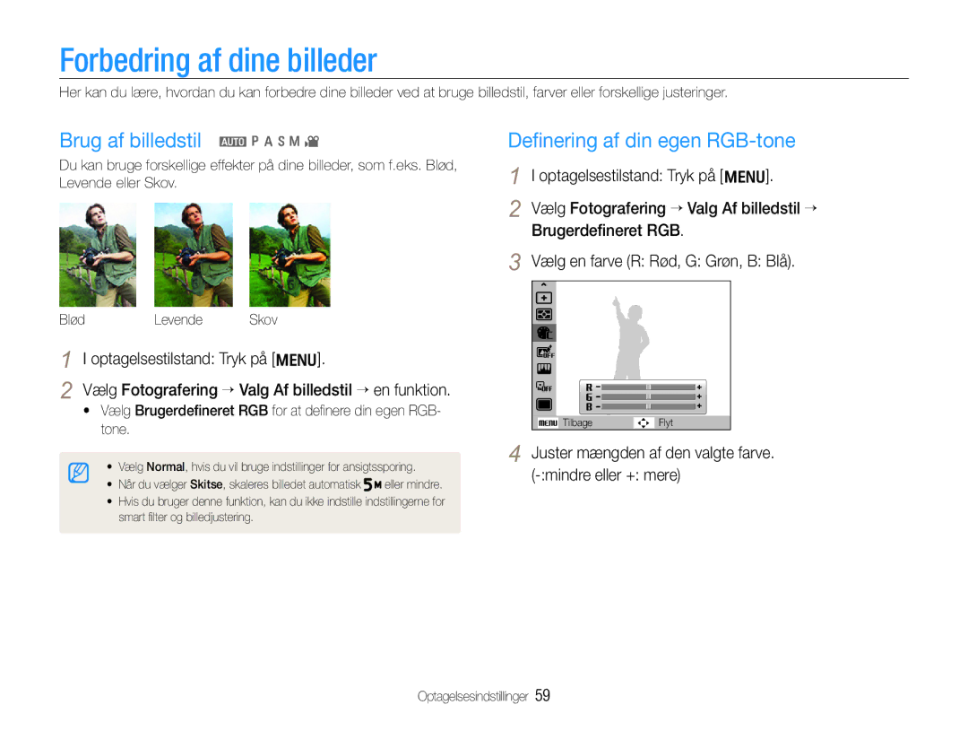 Samsung EC-WB600ZBPBE2, EC-WB610ZBDBE2 manual Forbedring af dine billeder, Brug af billedstil a p a h n 