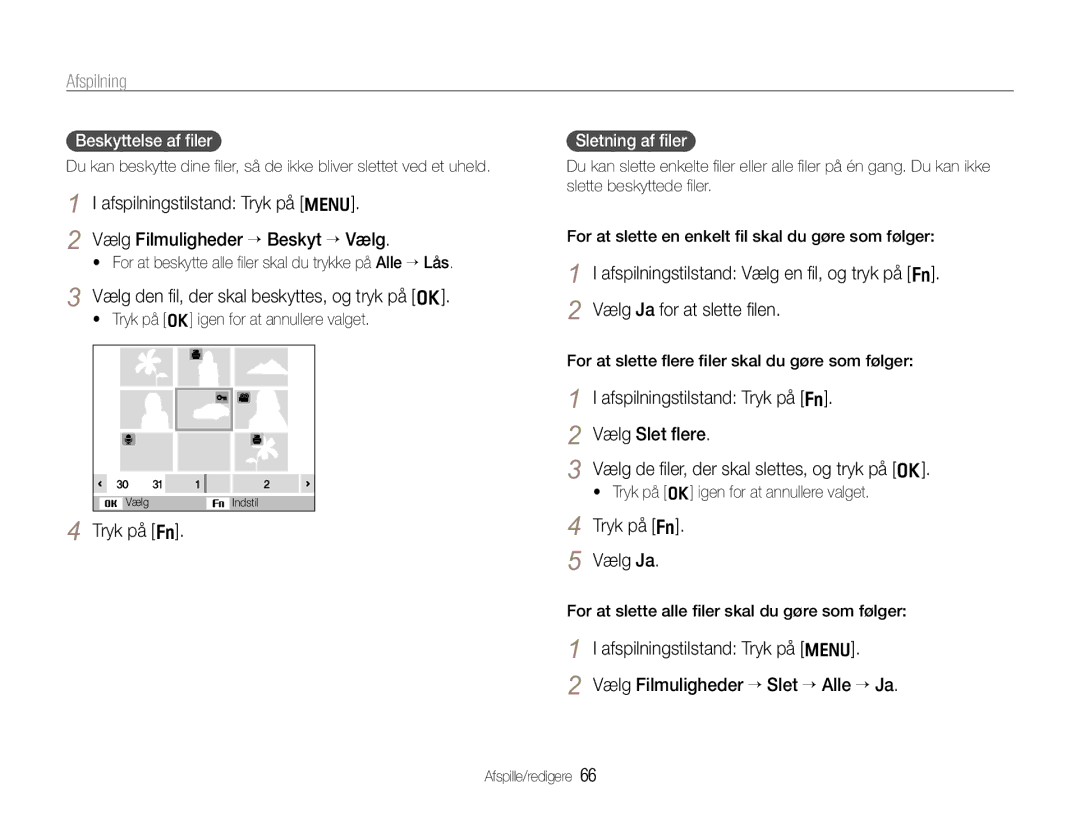 Samsung EC-WB610ZBDBE2 manual Vælg den ﬁl, der skal beskyttes, og tryk på o, Tryk på f Vælg Ja, Beskyttelse af ﬁler 