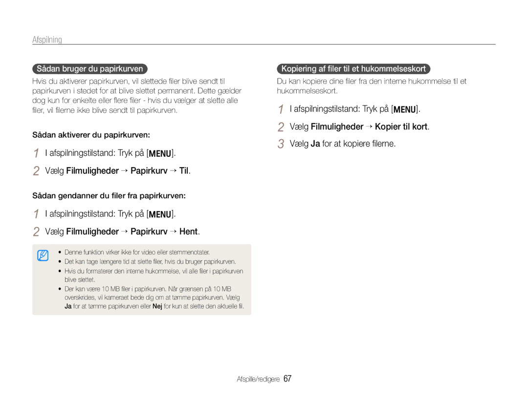 Samsung EC-WB600ZBPBE2, EC-WB610ZBDBE2 manual Sådan bruger du papirkurven, Kopiering af ﬁler til et hukommelseskort 