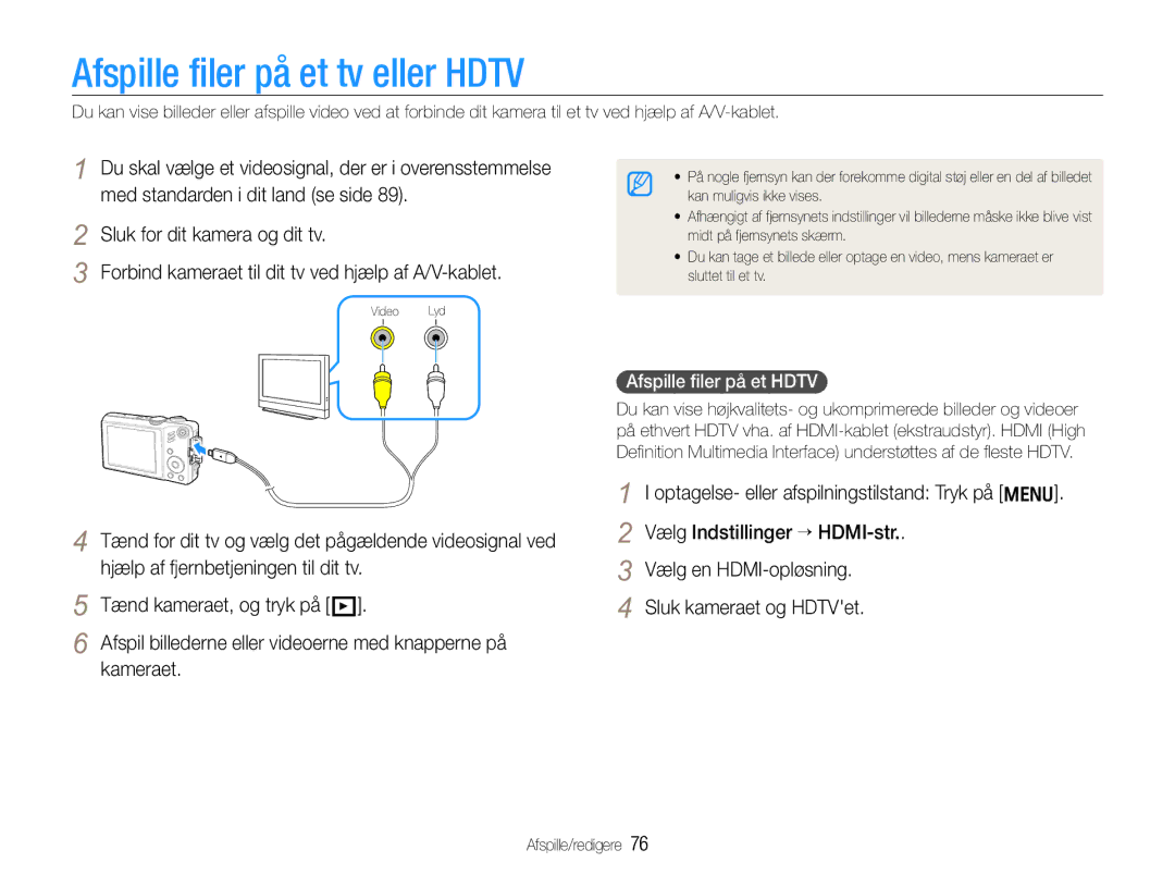 Samsung EC-WB610ZBDBE2, EC-WB600ZBPBE2 manual Afspille filer på et tv eller Hdtv, Afspille ﬁler på et Hdtv 