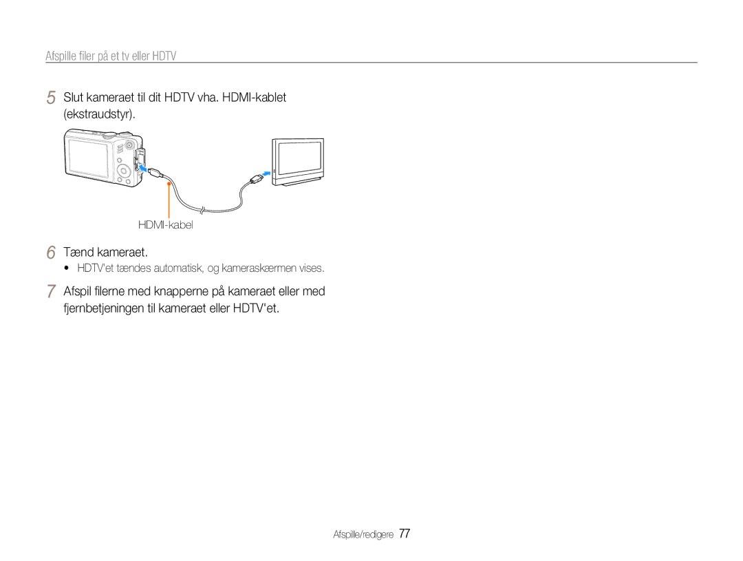 Samsung EC-WB600ZBPBE2 manual Afspille ﬁler på et tv eller Hdtv, Slut kameraet til dit Hdtv vha. HDMI-kablet ekstraudstyr 