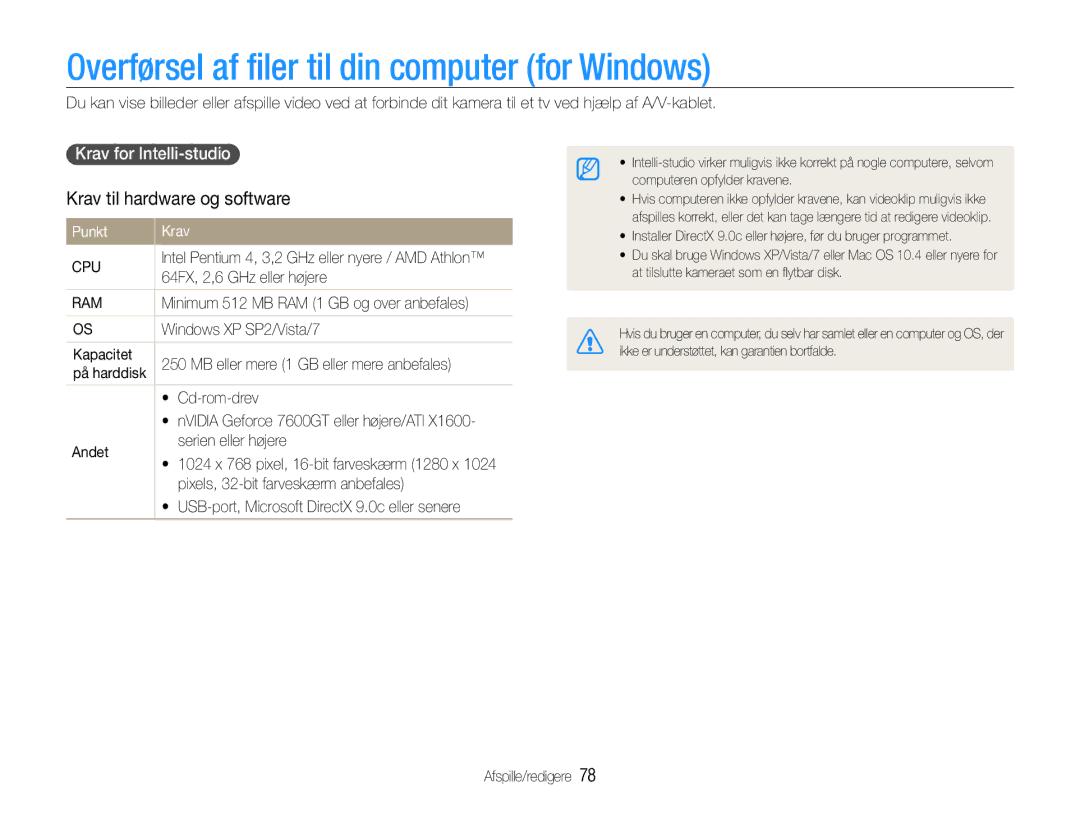 Samsung EC-WB610ZBDBE2 manual Overførsel af filer til din computer for Windows, Krav til hardware og software, Punkt Krav 