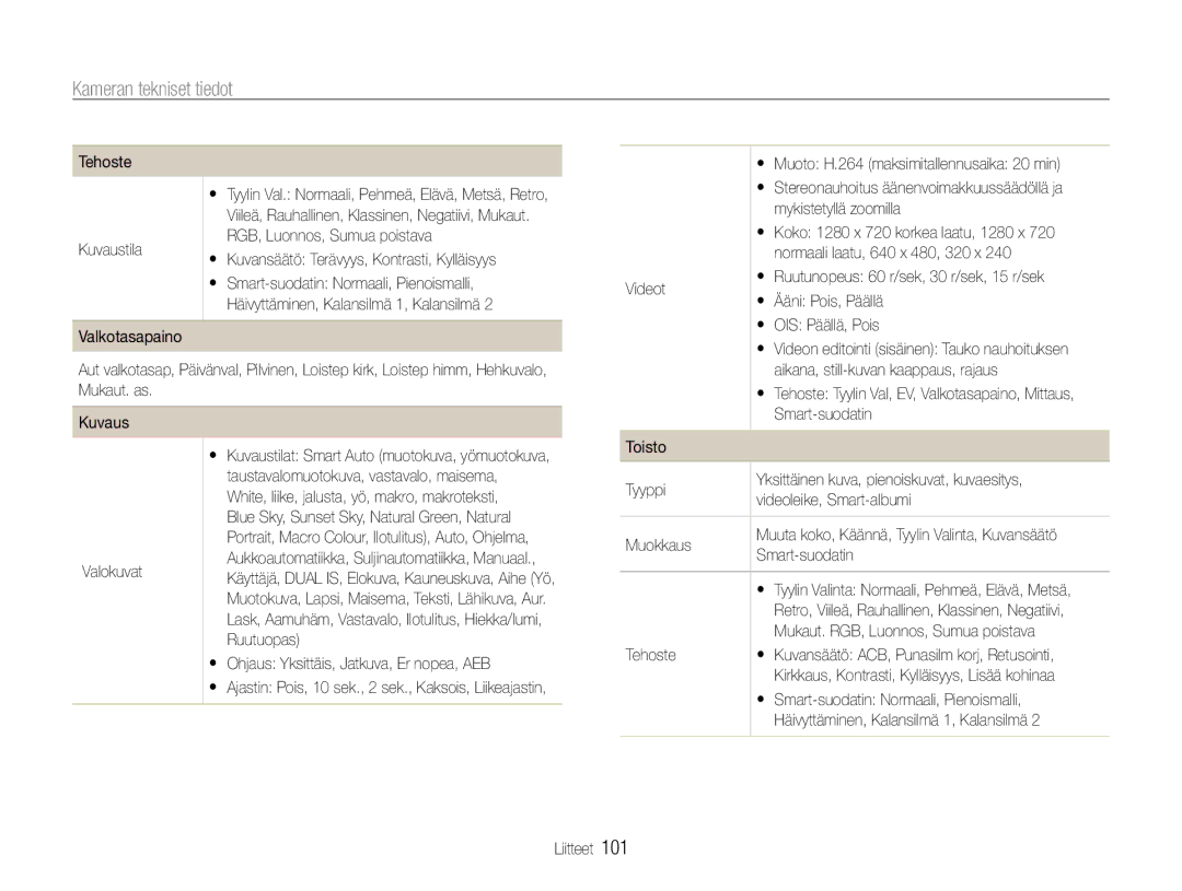 Samsung EC-WB600ZBPBE2, EC-WB610ZBDBE2 manual Kameran tekniset tiedot 