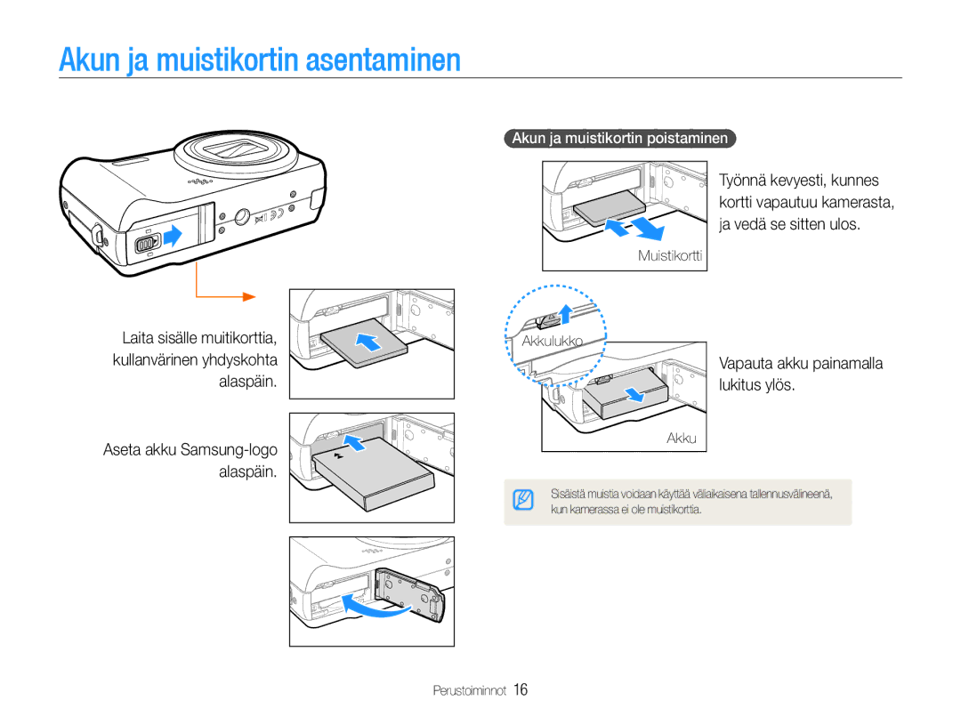 Samsung EC-WB610ZBDBE2, EC-WB600ZBPBE2 Akun ja muistikortin asentaminen, Vapauta akku painamalla lukitus ylös, Akkulukko 