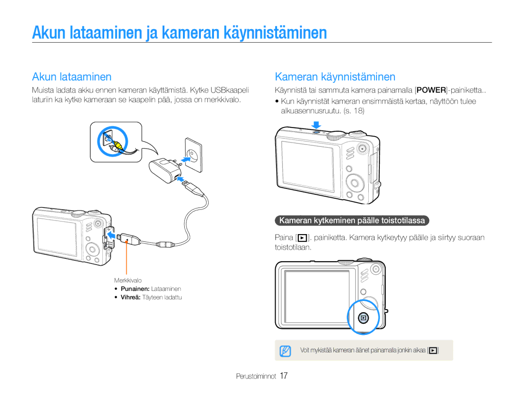 Samsung EC-WB600ZBPBE2 manual Akun lataaminen ja kameran käynnistäminen, Kameran käynnistäminen, Alkuasennusruutu. s 