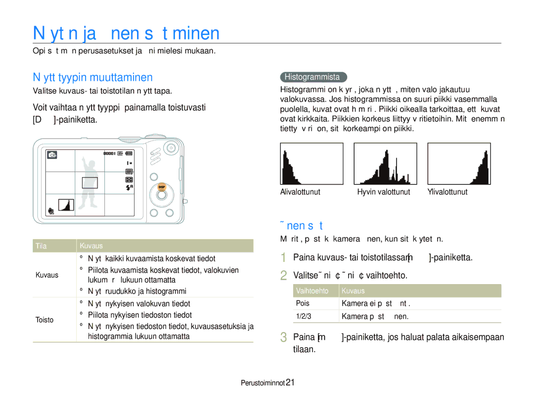 Samsung EC-WB600ZBPBE2, EC-WB610ZBDBE2 Näytön ja äänen säätäminen, Näyttötyypin muuttaminen, Äänen säätö, Histogrammista 