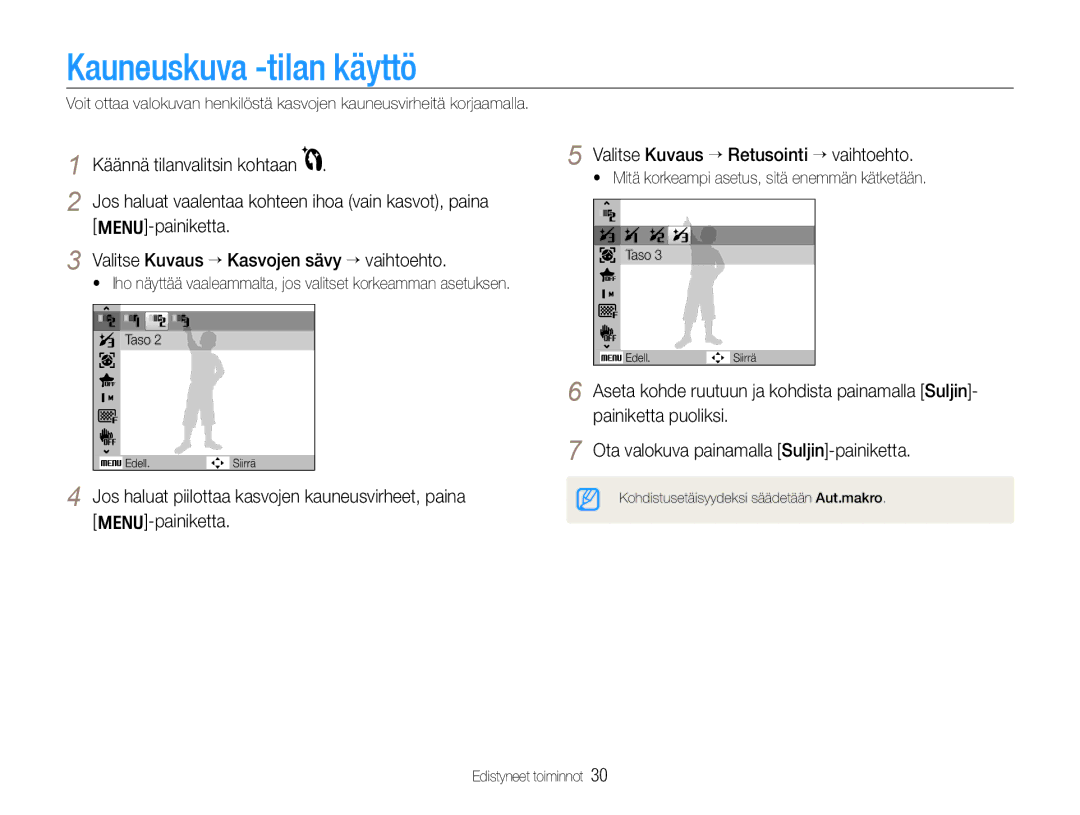 Samsung EC-WB610ZBDBE2, EC-WB600ZBPBE2 manual Kauneuskuva -tilan käyttö 