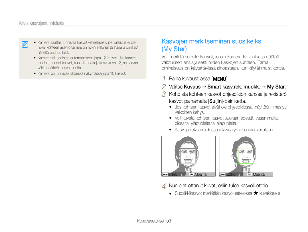 Samsung EC-WB600ZBPBE2, EC-WB610ZBDBE2 manual Kasvojen merkitseminen suosikeiksi My Star, Paina kuvaustilassa m 