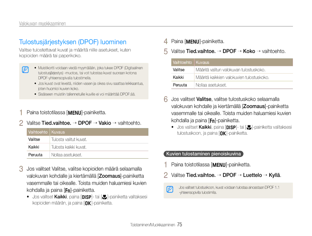 Samsung EC-WB600ZBPBE2, EC-WB610ZBDBE2 manual Tulostusjärjestyksen Dpof luominen, Paina toistotilassa m-painiketta 