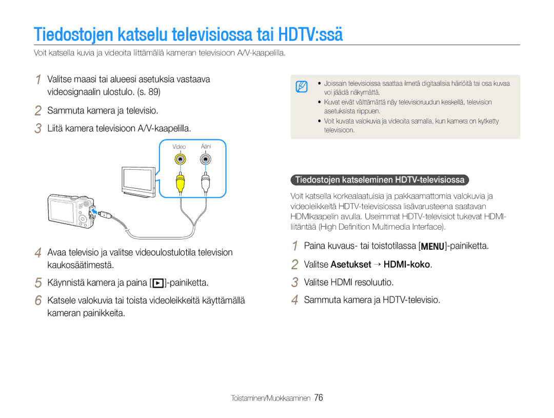 Samsung EC-WB610ZBDBE2 manual Tiedostojen katselu televisiossa tai HDTVssä, Tiedostojen katseleminen HDTV-televisiossa 