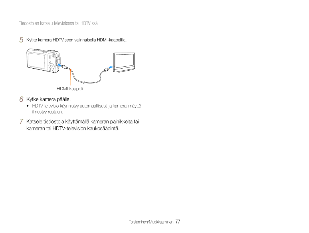 Samsung EC-WB600ZBPBE2, EC-WB610ZBDBE2 manual Tiedostojen katselu televisiossa tai HDTVssä, Kytke kamera päälle 