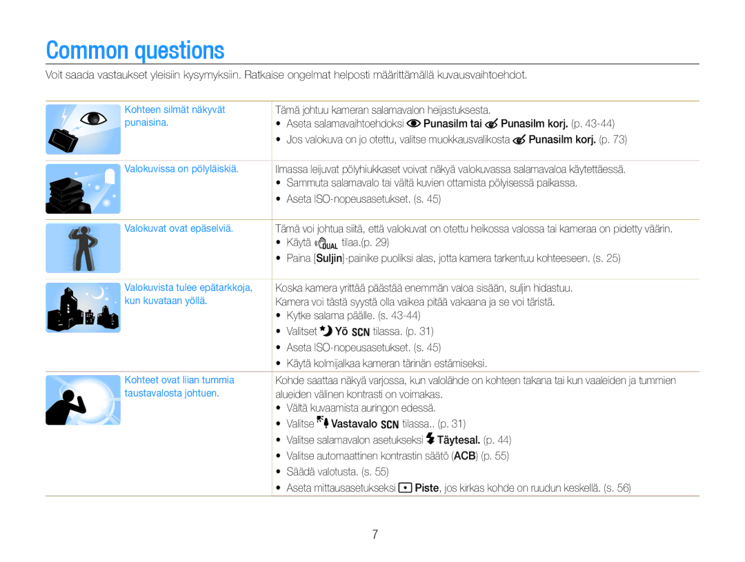 Samsung EC-WB600ZBPBE2, EC-WB610ZBDBE2 Common questions, Punasilm tai Punasilm korj. p,  Aseta ISO-nopeusasetukset. s 