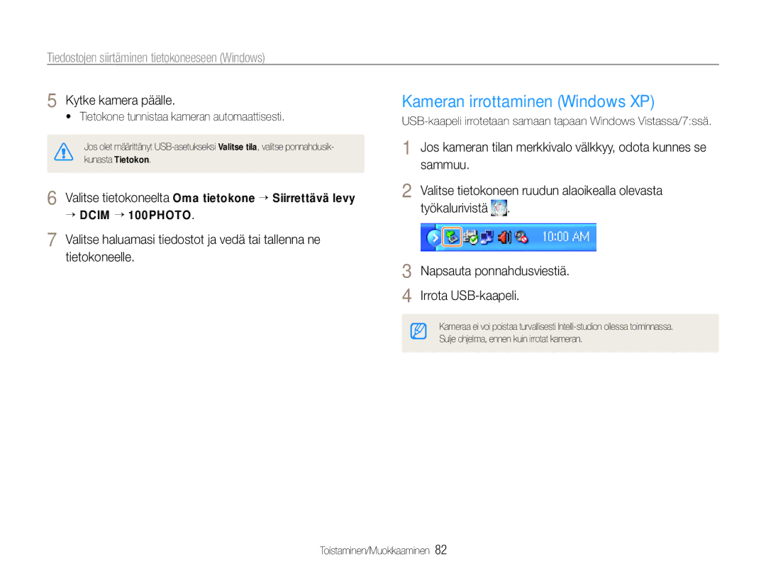 Samsung EC-WB610ZBDBE2, EC-WB600ZBPBE2 manual Kameran irrottaminen Windows XP, Kytke kamera päälle 