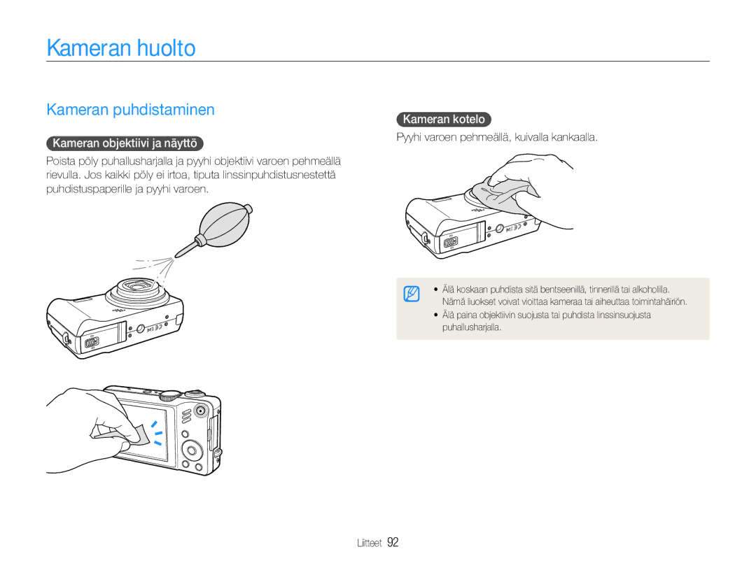 Samsung EC-WB610ZBDBE2, EC-WB600ZBPBE2 Kameran huolto, Kameran puhdistaminen, Kameran objektiivi ja näyttö, Kameran kotelo 