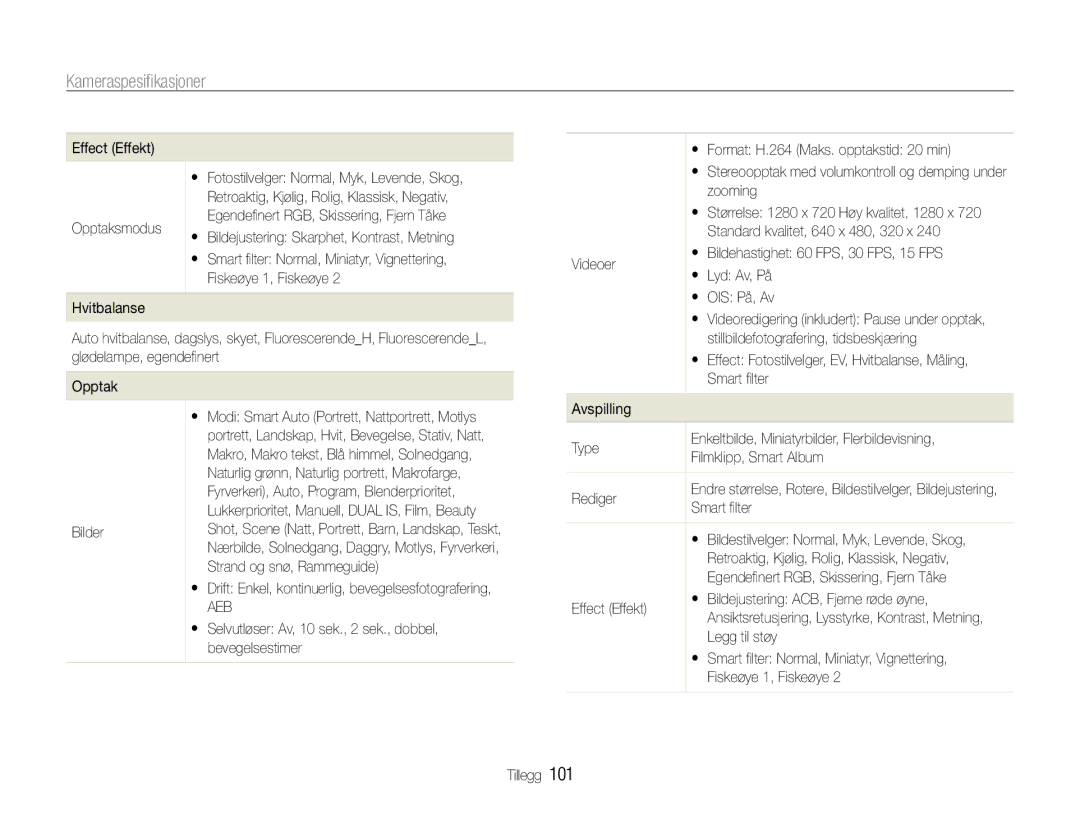 Samsung EC-WB600ZBPBE2, EC-WB610ZBDBE2 manual Kameraspesiﬁkasjoner 