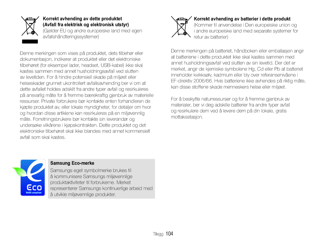 Samsung EC-WB610ZBDBE2, EC-WB600ZBPBE2 manual Samsung Eco-merke, Samsungs eget symbolmerke brukes til 