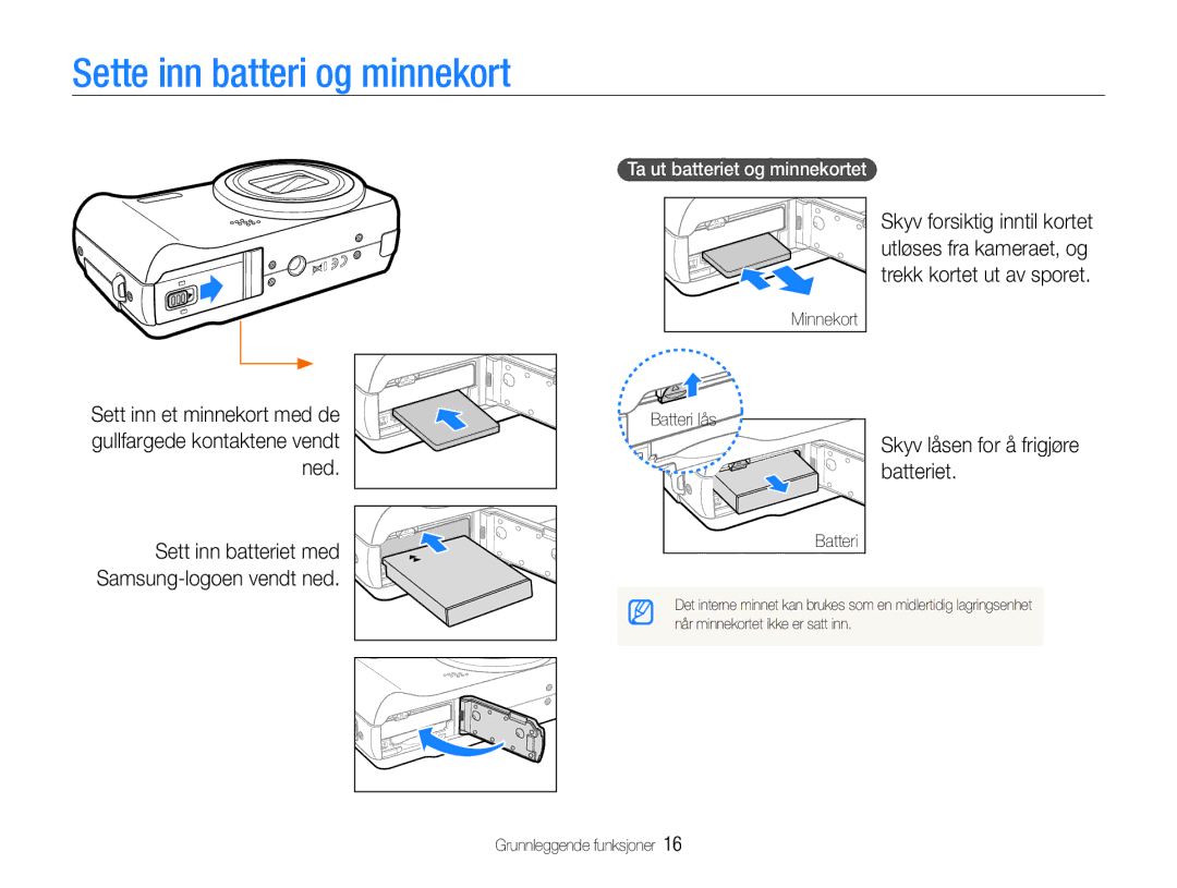 Samsung EC-WB610ZBDBE2 Sette inn batteri og minnekort, Skyv låsen for å frigjøre batteriet, Ta ut batteriet og minnekortet 