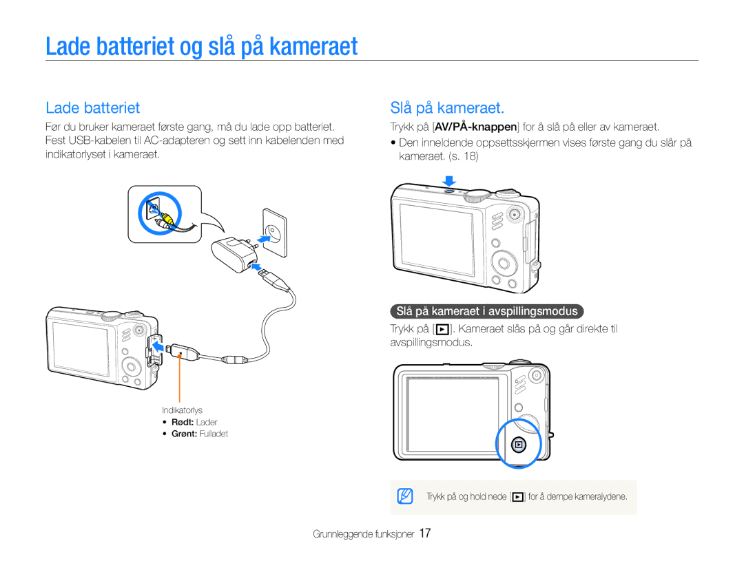 Samsung EC-WB600ZBPBE2, EC-WB610ZBDBE2 manual Lade batteriet og slå på kameraet, Slå på kameraet i avspillingsmodus 