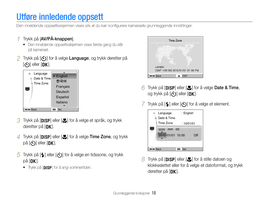 Samsung EC-WB610ZBDBE2, EC-WB600ZBPBE2 manual Utføre innledende oppsett, Trykk på AV/PÅ-knappen 