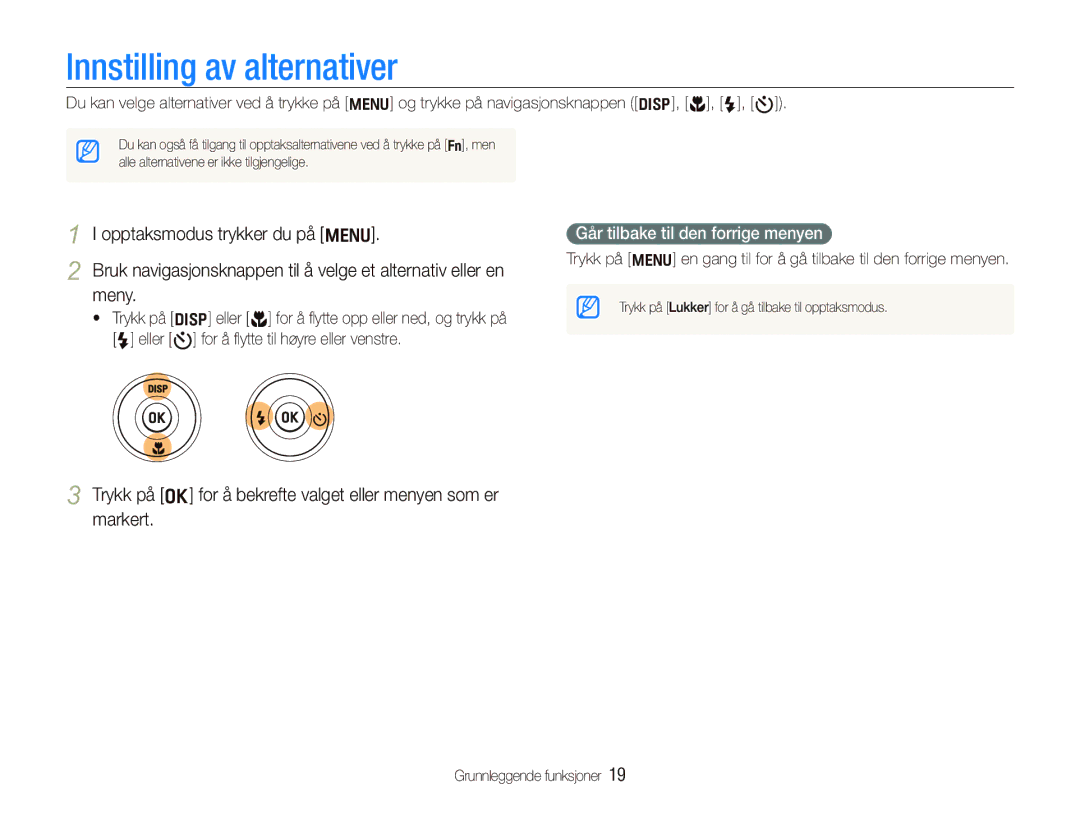 Samsung EC-WB600ZBPBE2, EC-WB610ZBDBE2 manual Innstilling av alternativer, Går tilbake til den forrige menyen 