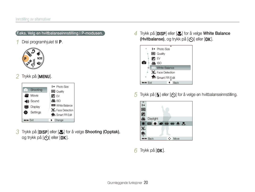 Samsung EC-WB610ZBDBE2, EC-WB600ZBPBE2 manual Innstilling av alternativer, Drei programhjulet til p Trykk på m, Trykk på o 