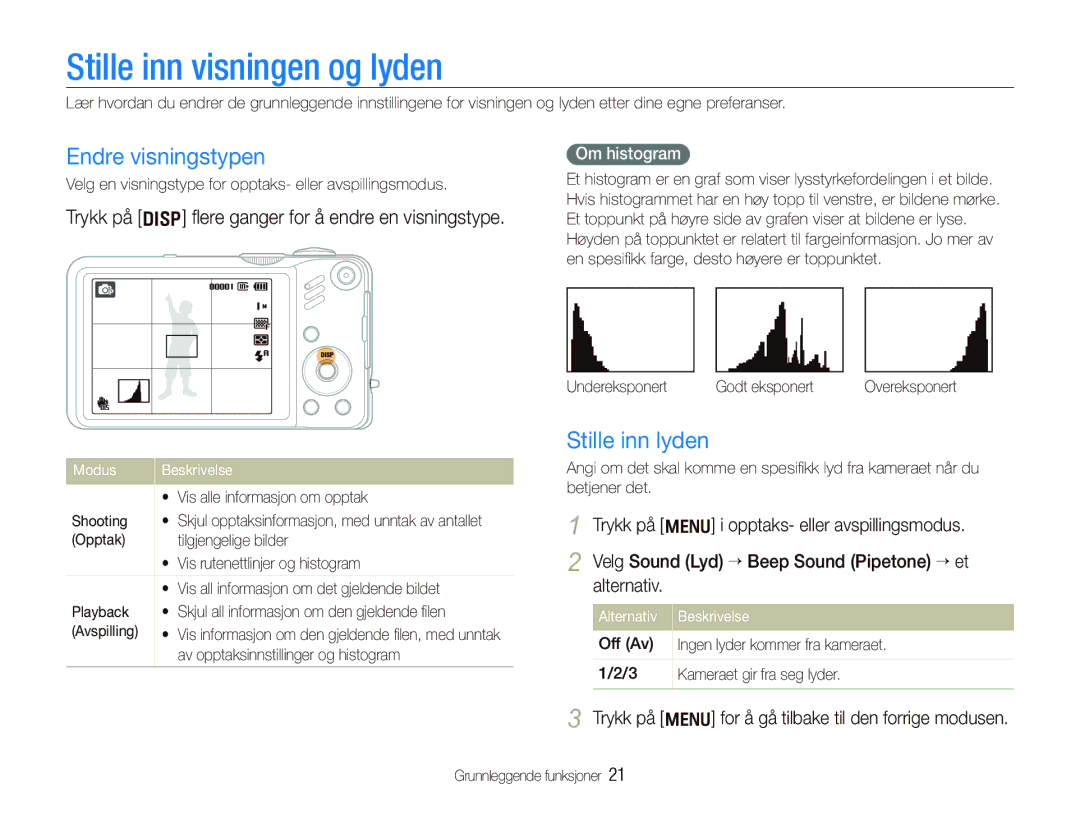 Samsung EC-WB600ZBPBE2, EC-WB610ZBDBE2 manual Stille inn visningen og lyden, Endre visningstypen, Stille inn lyden 