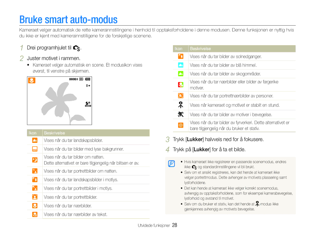 Samsung EC-WB610ZBDBE2, EC-WB600ZBPBE2 manual Bruke smart auto-modus, Drei programhjulet til S Juster motivet i rammen 