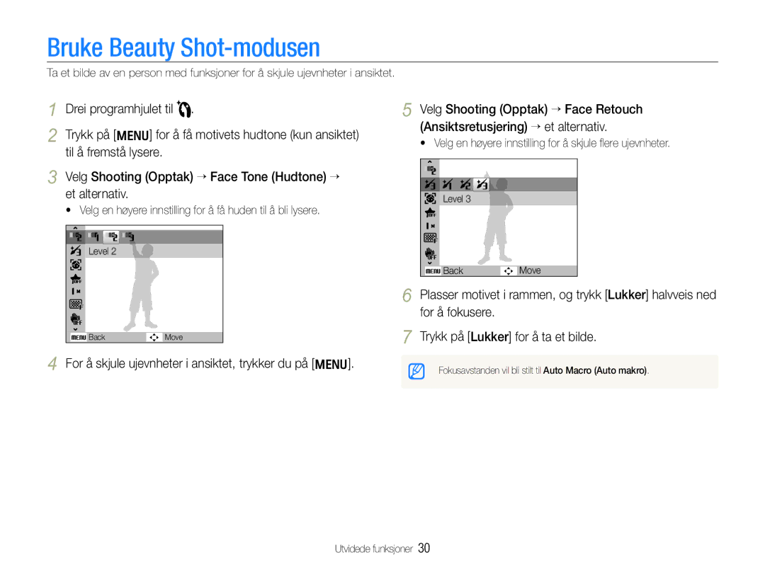 Samsung EC-WB610ZBDBE2, EC-WB600ZBPBE2 manual Bruke Beauty Shot-modusen, Drei programhjulet til, Til å fremstå lysere 