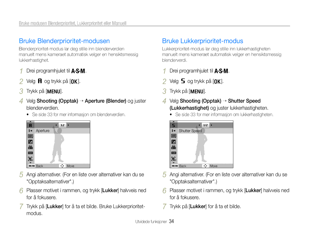 Samsung EC-WB610ZBDBE2, EC-WB600ZBPBE2 manual Bruke Blenderprioritet-modusen, Bruke Lukkerprioritet-modus, Blenderverdien 