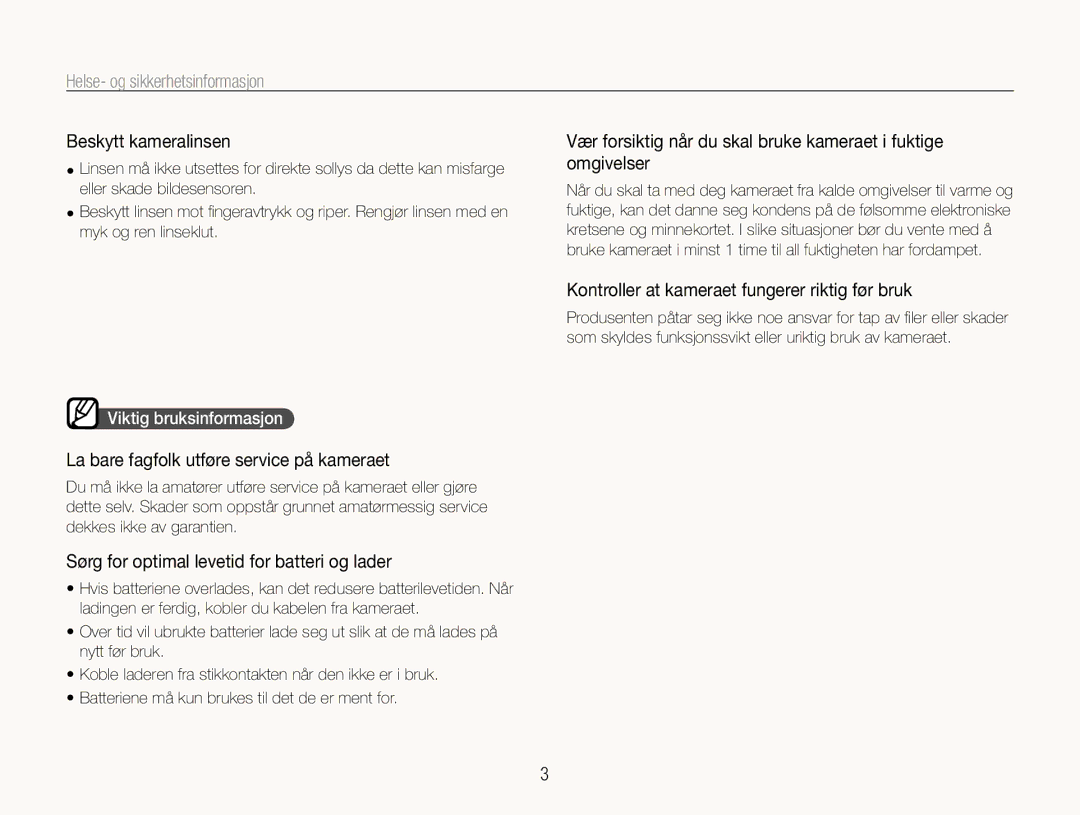 Samsung EC-WB600ZBPBE2 manual Beskytt kameralinsen, La bare fagfolk utføre service på kameraet, Viktig bruksinformasjon 