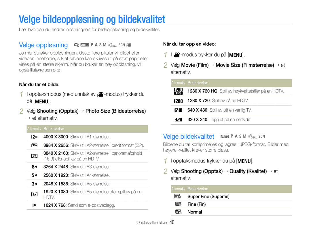 Samsung EC-WB610ZBDBE2, EC-WB600ZBPBE2 manual Velge bildeoppløsning og bildekvalitet, Velge oppløsning S a p a h n d s 