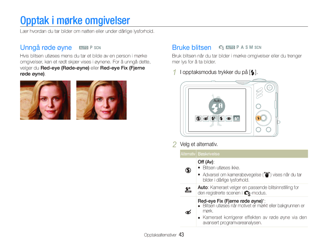 Samsung EC-WB600ZBPBE2, EC-WB610ZBDBE2 manual Opptak i mørke omgivelser, Unngå røde øyne a p s, Bruke blitsen S a p a h n s 