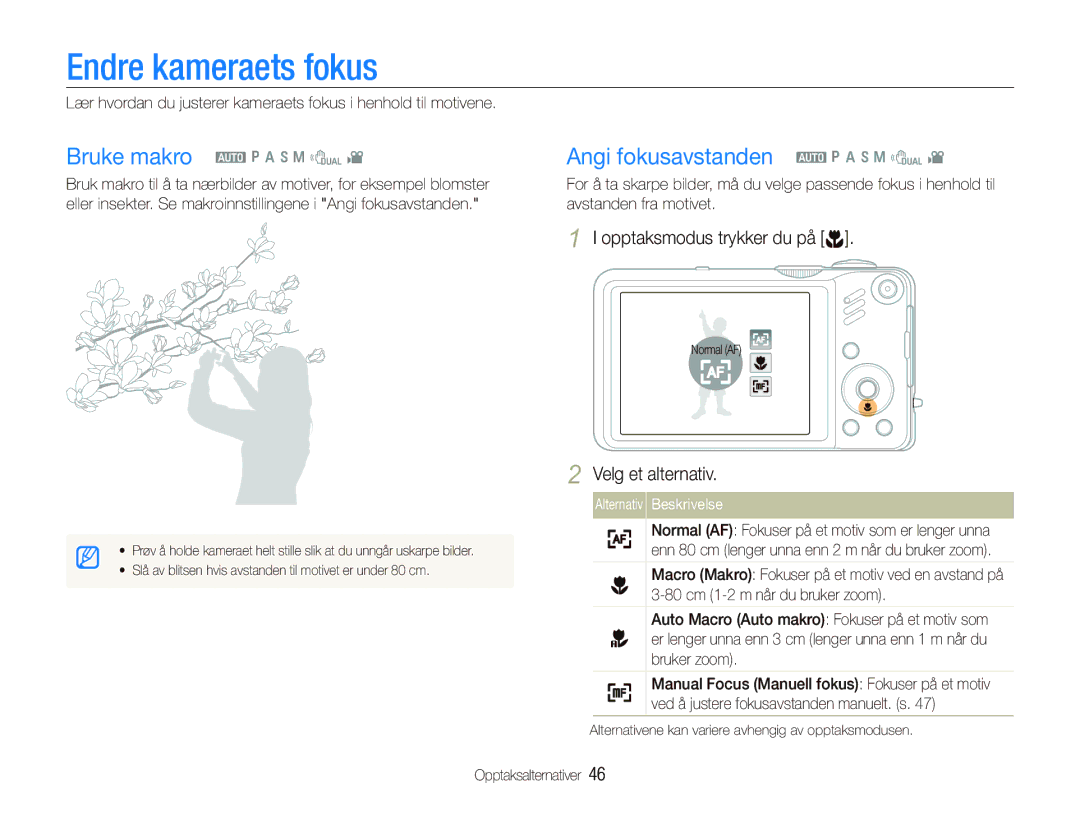 Samsung EC-WB610ZBDBE2, EC-WB600ZBPBE2 manual Endre kameraets fokus, Angi fokusavstanden a p a h n d 